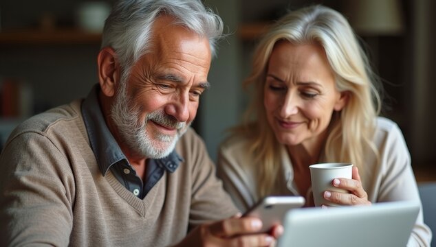 Happy senior couple at home, smiling and using a smartphone together