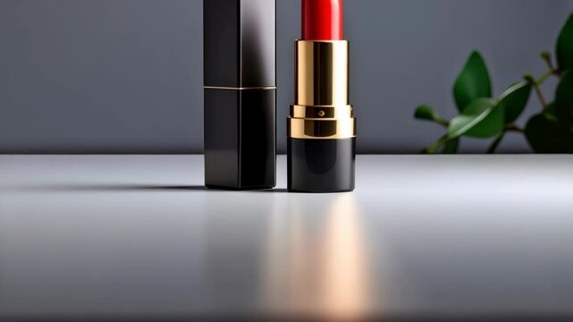 Elegant red lipstick and its black case, on a white surface against a muted gray backdrop with green leaves