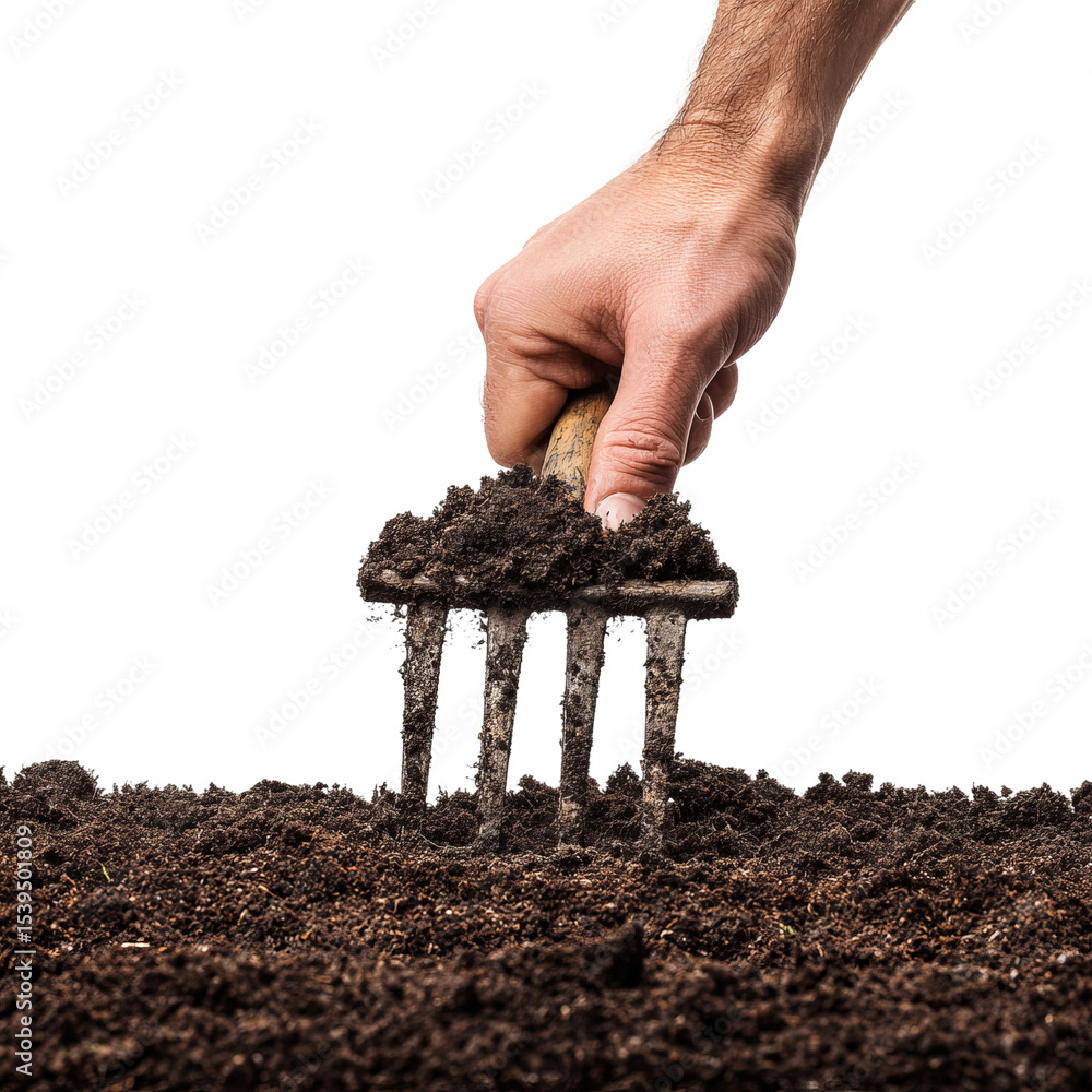 Poster a gardener working with the soil using a hand rake to aerate the soil and prepare it for planting