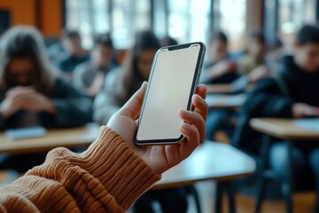 Person holding a smartphone with a blank screen inside a classroom filled with students sitting at desks