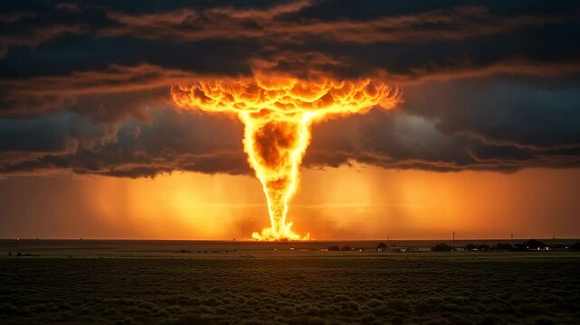 natural disaster wind and fire combine into a tornado vortex in a rural village