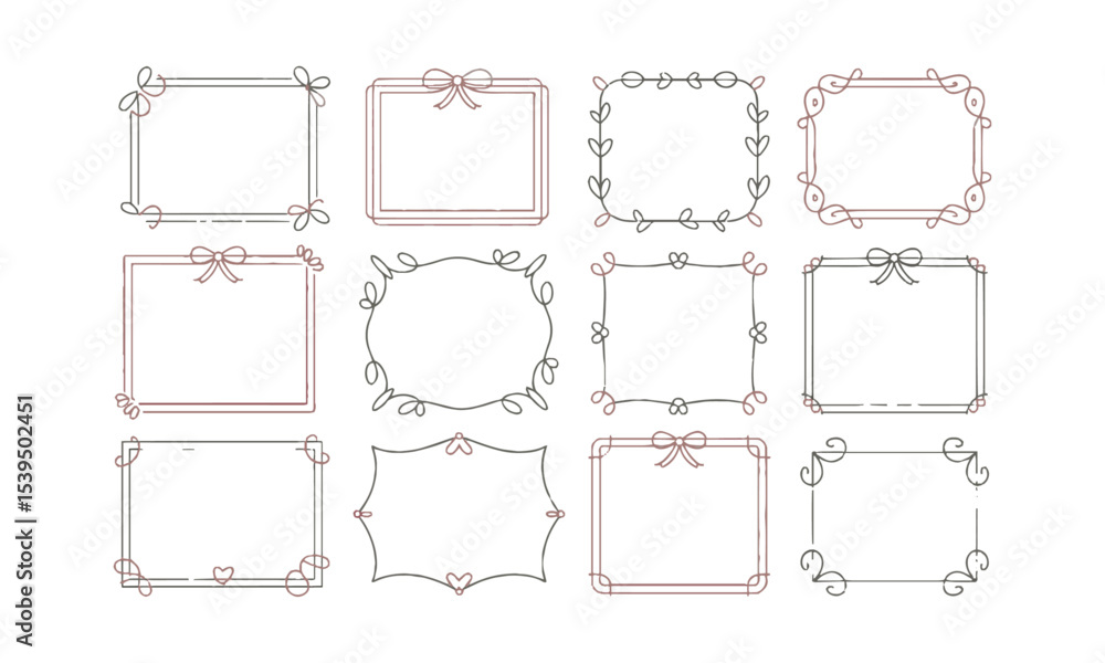 Leinwandbilder Vector illustration featuring a collection of whimsical, hand-drawn rectangular frames, Include a diverse range of frame designs, such as ribbon-tied borders, easily editable and scalable.