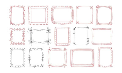 Vector illustration featuring a collection of whimsical, hand-drawn rectangular frames, Include a diverse range of frame designs, such as ribbon-tied borders, easily editable and scalable.