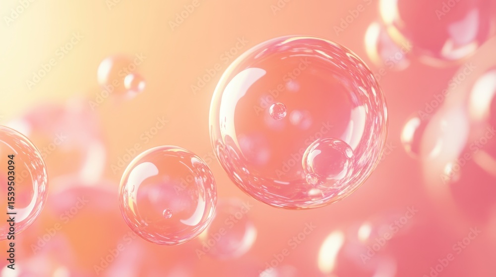 Poster abstract image of pink bubbles floating on a soft, peach background.