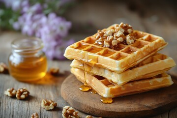 Stack of Golden Waffles with Dripping Honey and Walnut Topping on Wooden Surface with Floral Background.