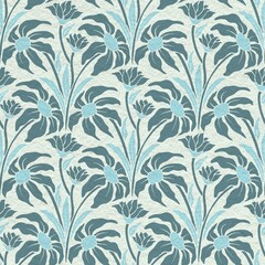 This is a seamless floral pattern featuring stylized blue flowers and leaves on a light textured background. The design has a vintage, hand-painted look, ideal for wallpaper, fabric, or decorative pur