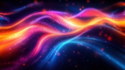 Vibrant flowing waves of light in purple, pink, orange, and blue hues with glowing particle effects creating a dynamic and energetic abstract scene