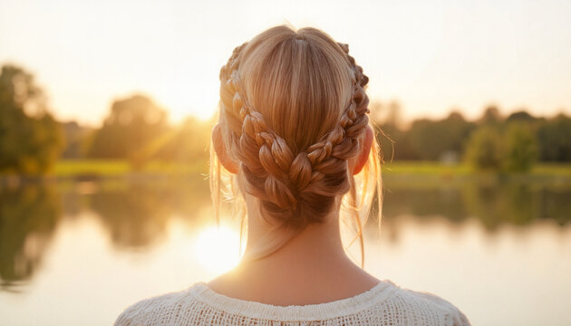 Young woman with braided hair looking at sunset by the lake   - Powered by Adobe