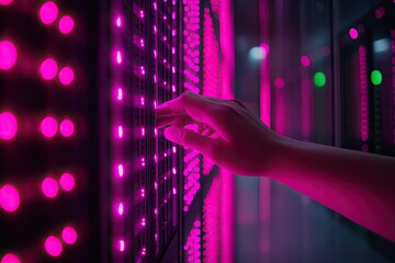 A hand interacts with a glowing server rack in a dimly lit data center