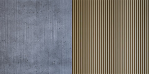 For the background, a modern wall seamless pattern with vertical white oak wood slats and concrete texture, copy space, 3d rendering illustration