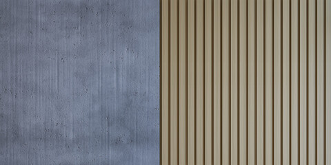 For the background, a modern wall seamless pattern with vertical white oak wood slats and concrete texture, copy space, 3d rendering illustration