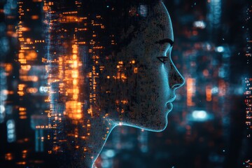 Digital profile of a human face made of glowing blue and orange data particles with a futuristic cityscape background evoking a sense of advanced technology and AI integration