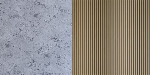 For the background, a modern wall seamless pattern with vertical white oak wood slats and white marble texture, copy space, 3d rendering illustration