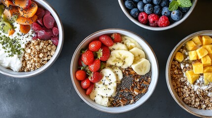Vibrant assortment of fruit and granola bowls promoting a healthy lifestyle