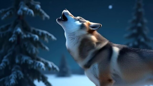Lone wolf howling under stars in winter woods
