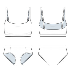 Seamless Bra Top and Mid-Rise Panty Set Technical Fashion Illustration. Women’s Underwear Vector Template. Adjustable Straps. Comfortable Fit.  Front and Back View. Minimalist Lingerie. CAD Mockup Set