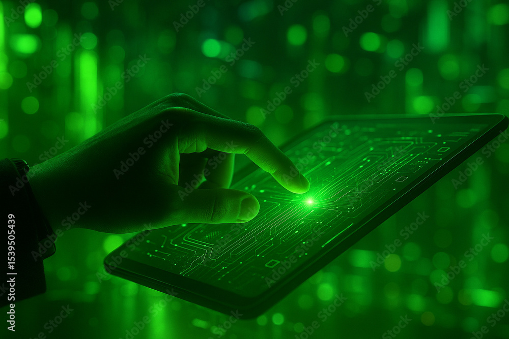 Poster ai generated image of a human hand interacting with a glowing green digital tablet in a cyber futuri