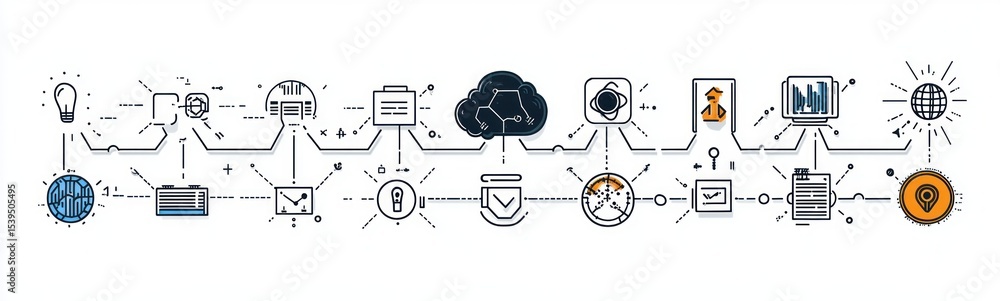 Poster linear interconnected digital icons representing data processing, cloud storage, security, analytics