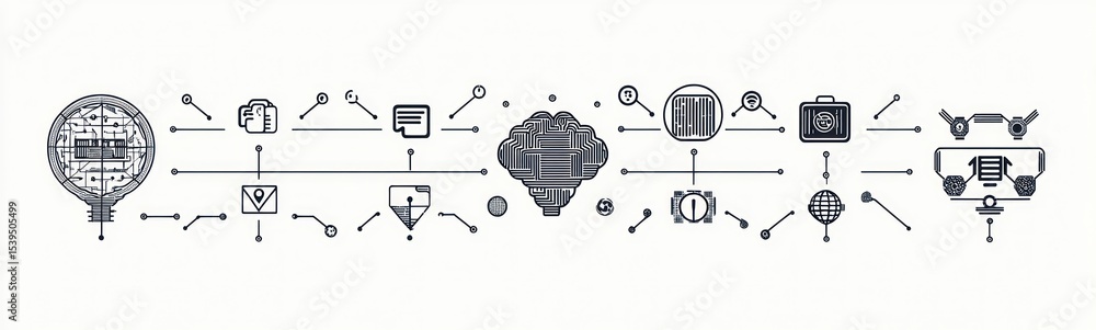 Poster abstract black and white digital circuit and network icons connected by lines symbolizing technology