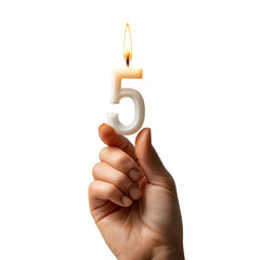 Burning number 5 candle holding in hand for special occassion