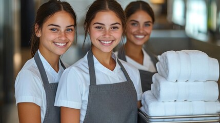 Three smiling young women in white shirts and grey aprons standing indoors with a stack of white folded towels on a cart
