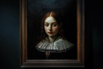 Portrait of a young woman with curly hair wearing an elaborate white ruffled collar and dark clothing against a dark background in a wooden frame