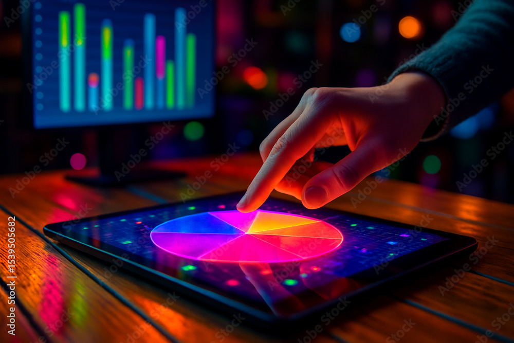 Poster ai generated image of a human hand interacting with a glowing pie chart on a futuristic digital tabl