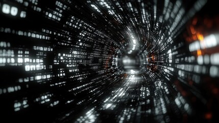 Abstract digital tunnel with glowing matrix-like code and light reflections creating a futuristic and immersive tech environment