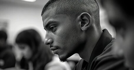 Black and white portrait of a young man with short hair, thoughtfully looking to his right.  The background is softly blurred, showing other people in what looks like a classroom setting - Powered by Adobe