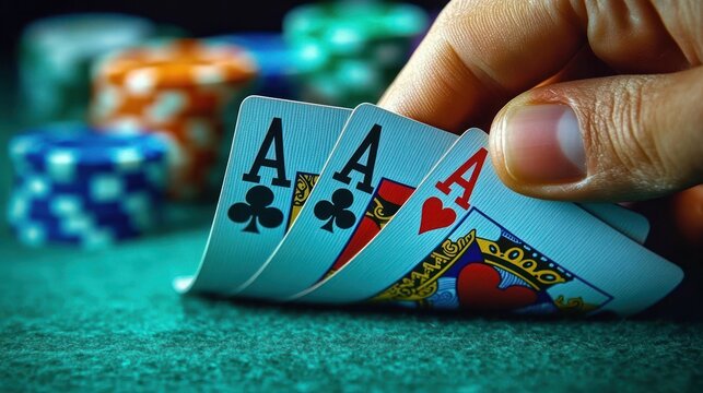 Hand holding four aces playing cards on poker table with blurred poker chips in background, intense and focused gambling scene