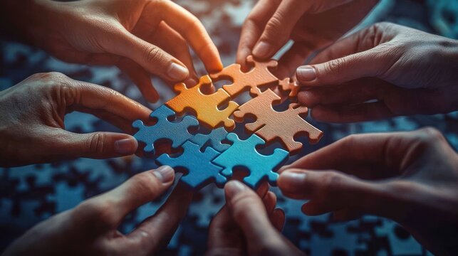 Multiple hands working together to assemble interlocking blue and orange puzzle pieces symbolizing teamwork and collaboration