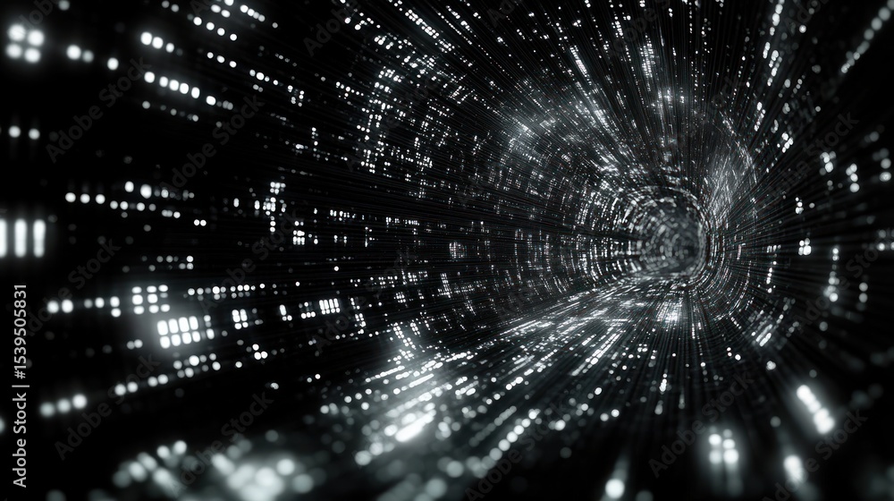 Poster futuristic tunnel with glowing digital lights creating a sense of motion and depth in dark space