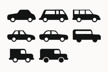 Collection of Simple Black Vehicle Silhouettes Car, Van, and Truck Icons