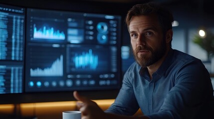 Thoughtful man with beard analyzing data and charts on multiple computer monitors in a dimly lit modern office