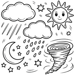 set of weather elements sun clouds rain isolated vector illustration
