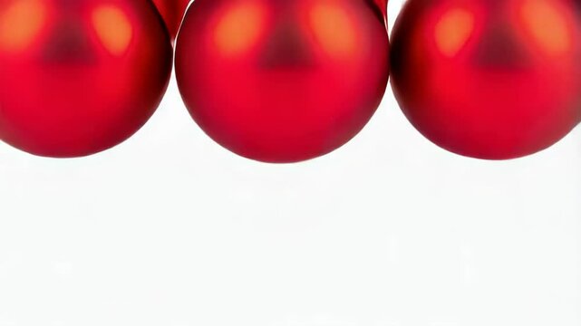 Three red Christmas balls with matching bows placed in a row on a seamless white backdrop, holiday decorations