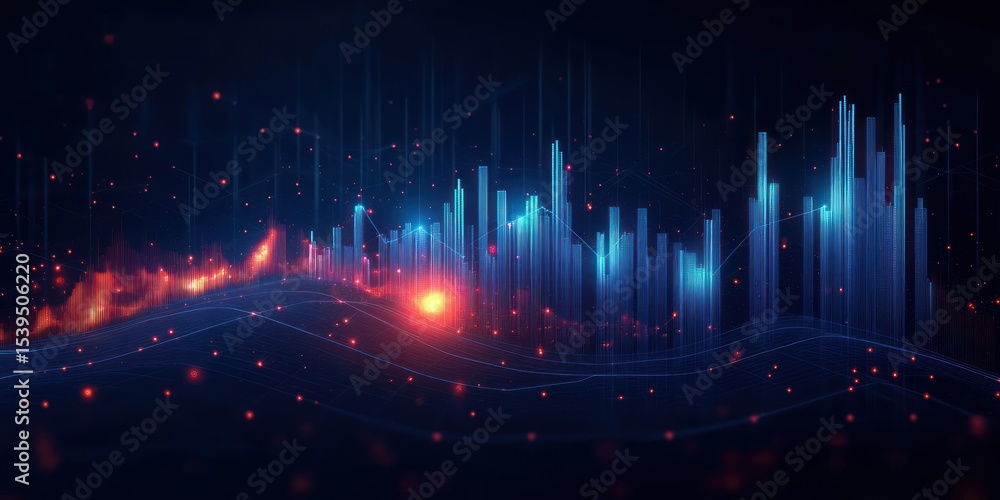 Poster abstract digital data visualization with vertical blue bars, glowing red points, and wave-like grid 