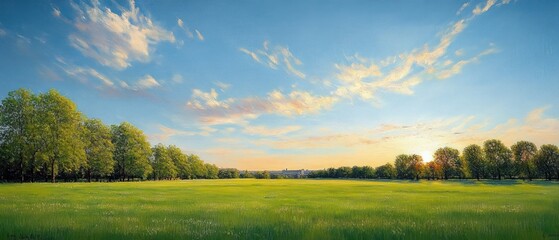 Expansive green meadow under a bright blue sky with scattered clouds and sun setting behind a row of trees along the horizon