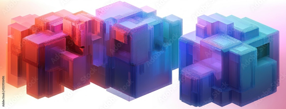 Poster abstract composition of layered translucent cubes in red, purple, and blue hues with overlapping geo