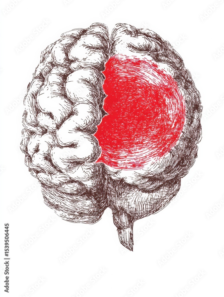 Aufkleber Scribbled Sketch of a Brain With a Vibrant Red Center Designed for Note-Taking and Messaging