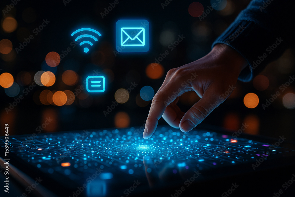 Poster ai generated image of a human finger touching a glowing blue holographic surface with floating digit