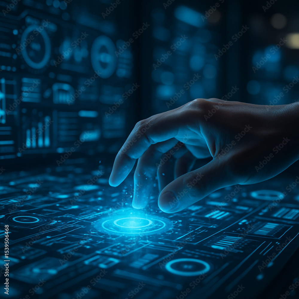 Poster ai generated image of a human hand activating a glowing digital control panel in a futuristic sci-fi