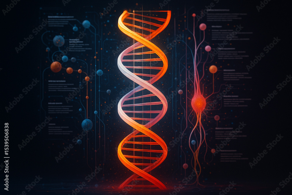 Poster ai generated realistic sci fi artwork showing a glowing double helix dna surrounded by colorful mole