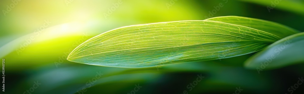Aufkleber close-up of a vibrant green leaf with intricate vein patterns illuminated by soft sunlight creating 