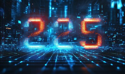 Glowing digital number 225 composed of orange and blue pixel-like elements floating in a futuristic cyber grid environment with translucent blue and black background