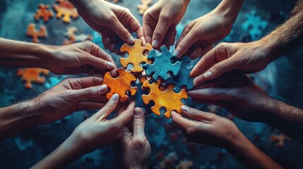 Many diverse hands working together to assemble colorful puzzle pieces symbolizing collaboration and unity