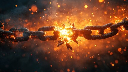 Close-up of a heavy metal chain breaking apart with fiery sparks and glowing molten metal against a dark background, symbolizing strength and rupture
