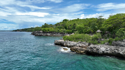 Coast beach drone Philippines Cebu aerial sea Kalubian view beautiful rock pov, tourist place for...