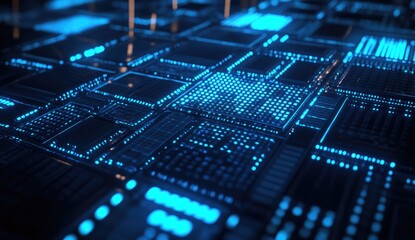 Abstract circuit board, glowing blue.  Complex network of squares and lines.  High-tech, futuristic