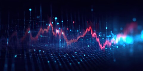 Abstract digital graph with glowing blue grid and fluctuating red data line representing dynamic financial or scientific data visualization